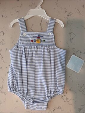 Blue Stripe Baby Bubble Romper with Submarine Embroidery